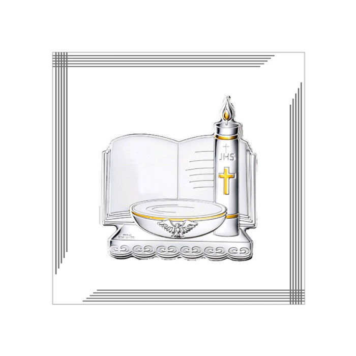 Obrazek srebrny na chrzest ze złoceniem 12x12cm Obrazek srebrny na chrzest ze złoceniem 12x12cm