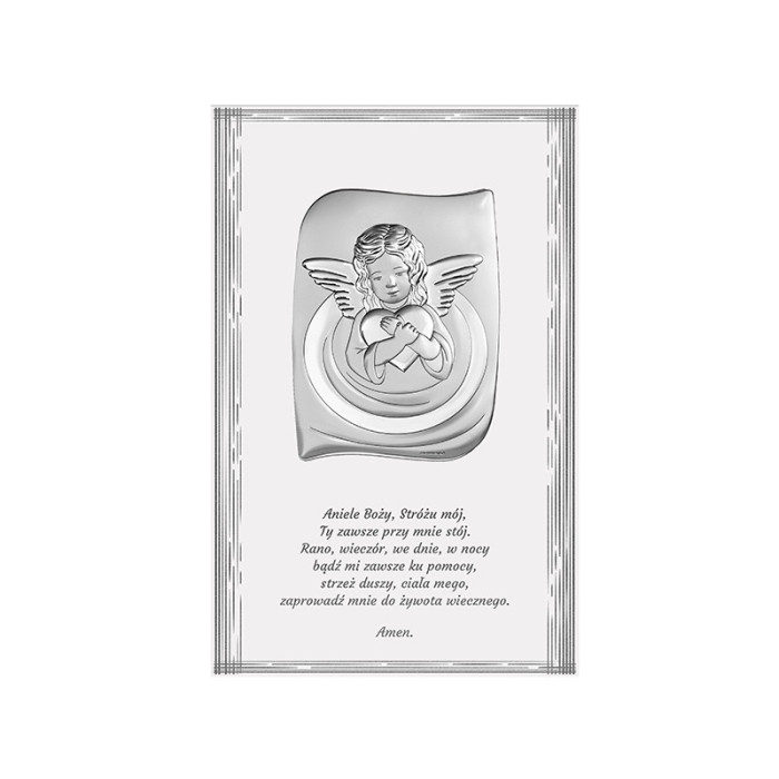 Srebrny obraz na białym drewnie z Modlitwą 13,5x21cm