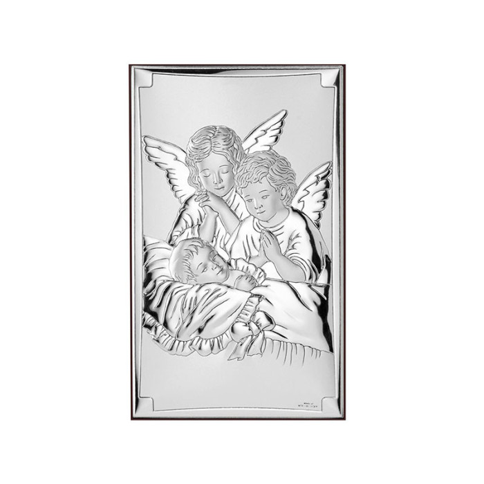 Srebrny prostokątny obraz anioł stróż 9x15cm chrzest