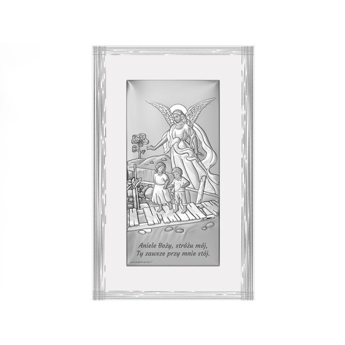 Srebrny obraz z aniołem stróżem 9x15,5cm chrzest