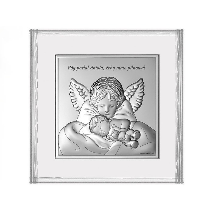 Srebrny obraz z aniołem 18x18cm na chrzest Srebrny obraz z aniołem 18x18cm na chrzest