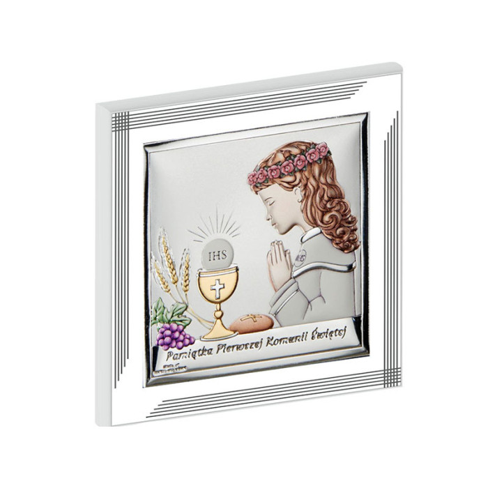 Srebrny obraz dziewczynka chrzest na komunie 17x17cm Srebrny obraz dziewczynka chrzest na komunie 17x17cm