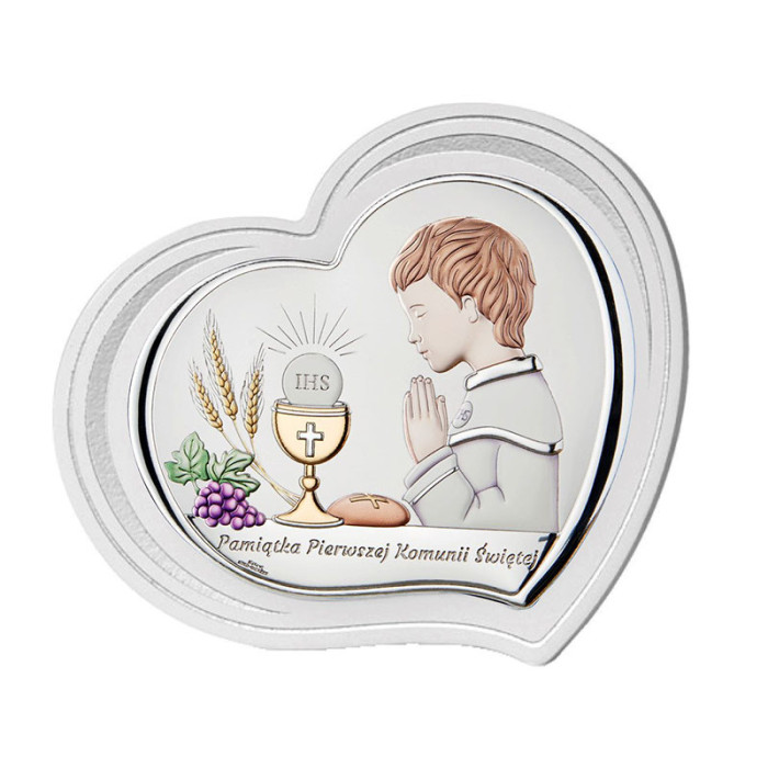Srebrny obrazek serce  chłopiec 14x12cm chrzest komunia