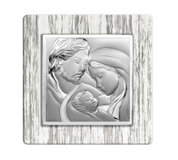 Srebrny obraz 12x12cm Święta Rodzina chrzest drewno