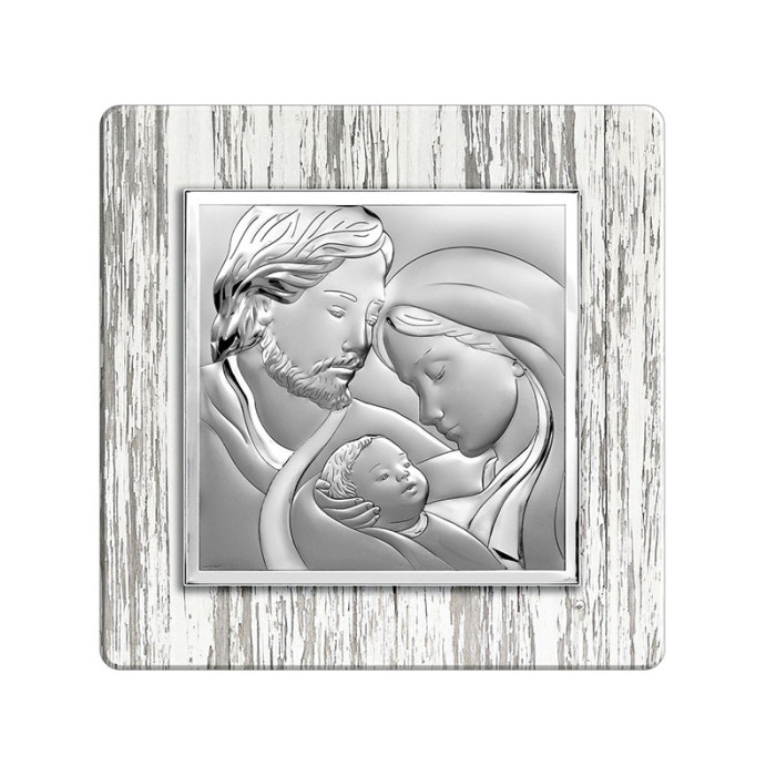 Srebrny obraz 12x12cm Święta Rodzina chrzest drewno Srebrny obraz 12x12cm Święta Rodzina chrzest drewno