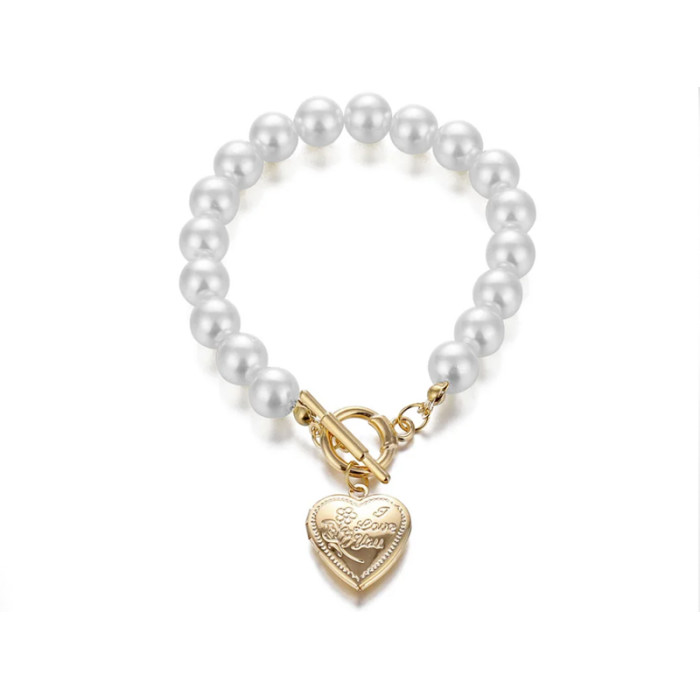 Bransoletka białe kuleczki z dużym sercem grawer róża i napis I LOVE YOU perłowe kulki na prezent Bransoletka białe kuleczki z dużym sercem grawer róża i napis I LOVE YOU perłowe kulki na prezent