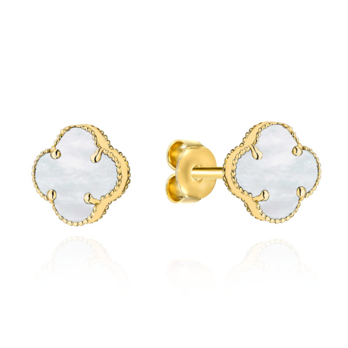 Kolczyki złote 585 białe koniczynki z masą perłową 8mm elegancki wzór na sztyft Kolczyki złote 585 białe koniczynki z masą perłową 8mm elegancki wzór na sztyft
