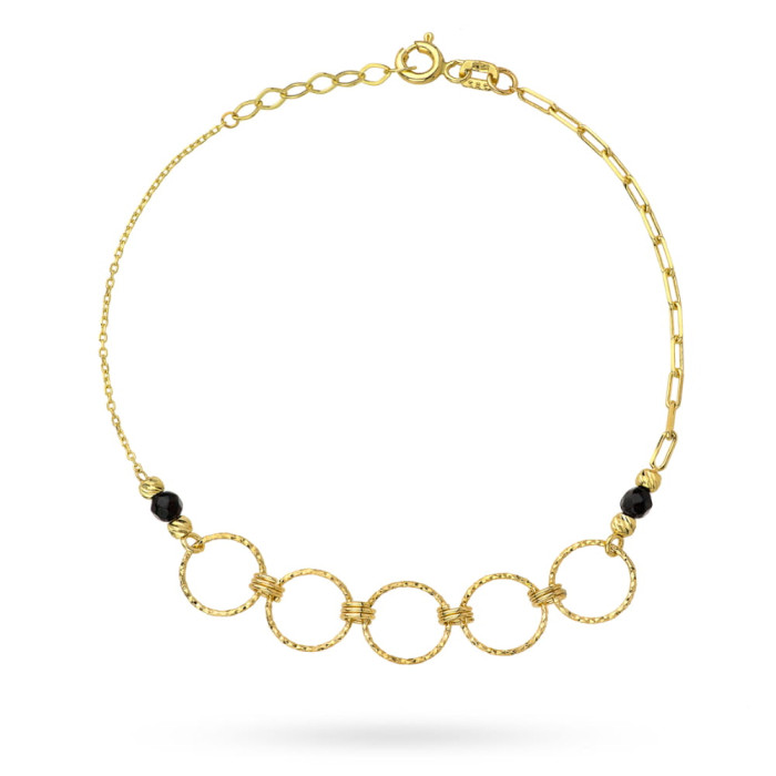 Złota Bransoletka damska 585 14kt diamentowane ringi i czarne kamienie na delikatnym łańcuszku z regulacją Złota Bransoletka damska 585 14kt diamentowane ringi i czarne kamienie na delikatnym łańcuszku z regulacją