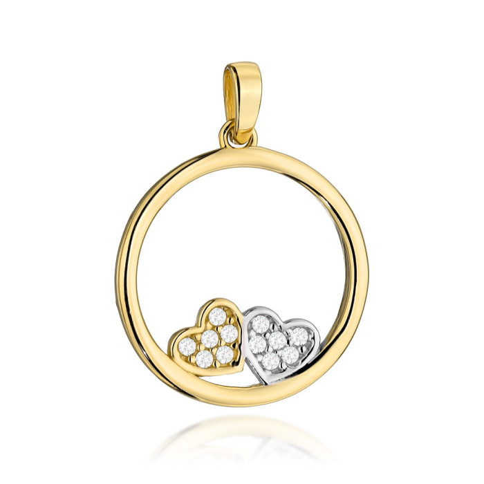 Zawieszka złota 585 delikatny ring z dwoma serduszkami i cyrkoniami modny wisiorek na prezent Zawieszka złota 585 delikatny ring z dwoma serduszkami i cyrkoniami modny wisiorek na prezent