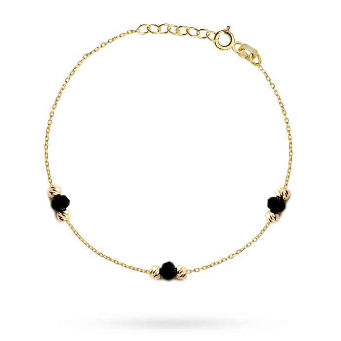 Złota bransoletka 585 14kt diamentowanymi kulkami trzema czarnymi kamieniami na prezent Złota bransoletka 585 14kt diamentowanymi kulkami trzema czarnymi kamieniami na prezent
