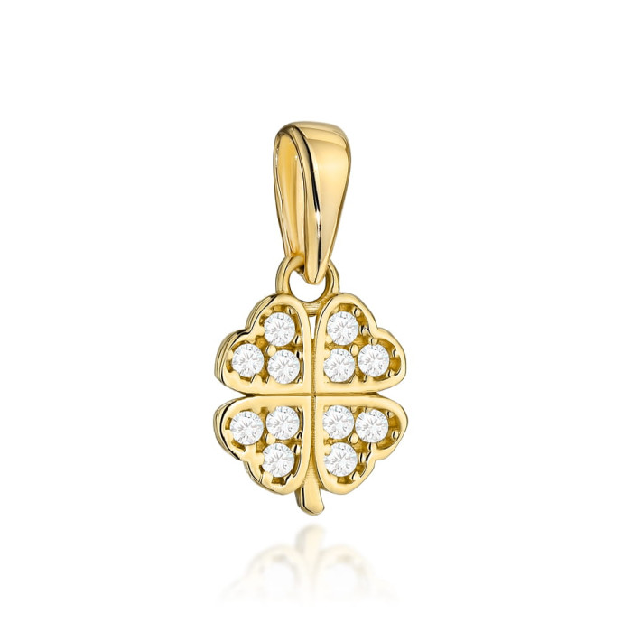 Kobieca złota zawieszka 585 14kt modna koniczynka zdobiona cyrkoniami elegancka koniczyna symbol szczęścia na prezent Kobieca złota zawieszka 585 14kt modna koniczynka zdobiona cyrkoniami elegancka koniczyna symbol szczęścia na prezent