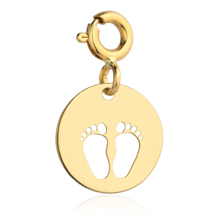 Zawieszka złoty 585 14kt charms płaskie kółeczkami z wyciętymi stópkami dziecka na prezent dla Mamy Zawieszka złoty 585 14kt charms płaskie kółeczkami z wyciętymi stópkami dziecka na prezent dla Mamy