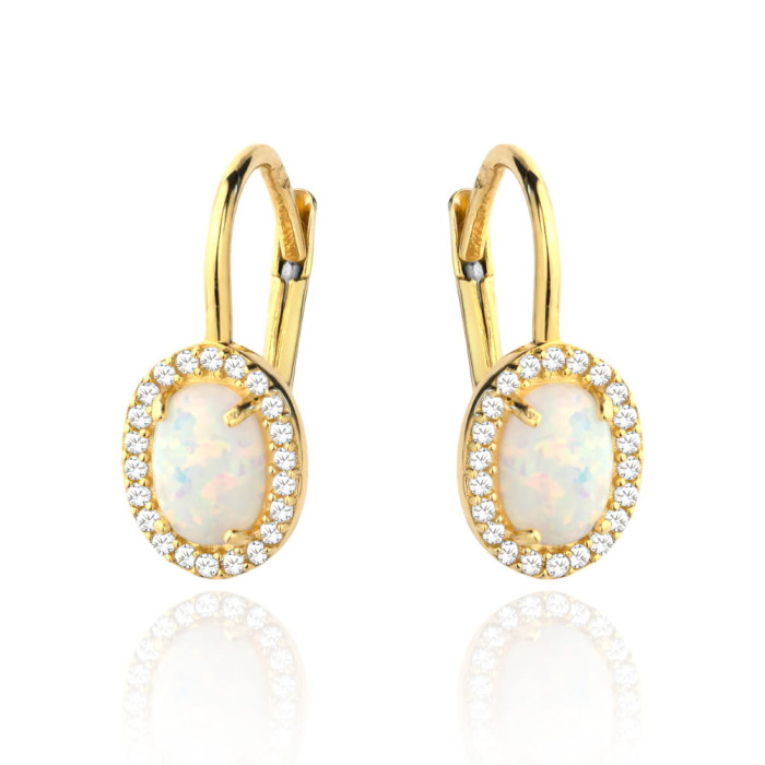 Eleganckie kolczyki złote 585 Opal owalny otoczony cyrkoniami angielskie zapięcie na prezent Eleganckie kolczyki złote 585 Opal owalny otoczony cyrkoniami angielskie zapięcie na prezent