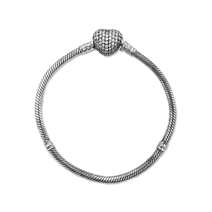 Srebrna bransoletka 925 do beads szeroki łańcuszek żmijka z dużym sercem i cyrkoniami