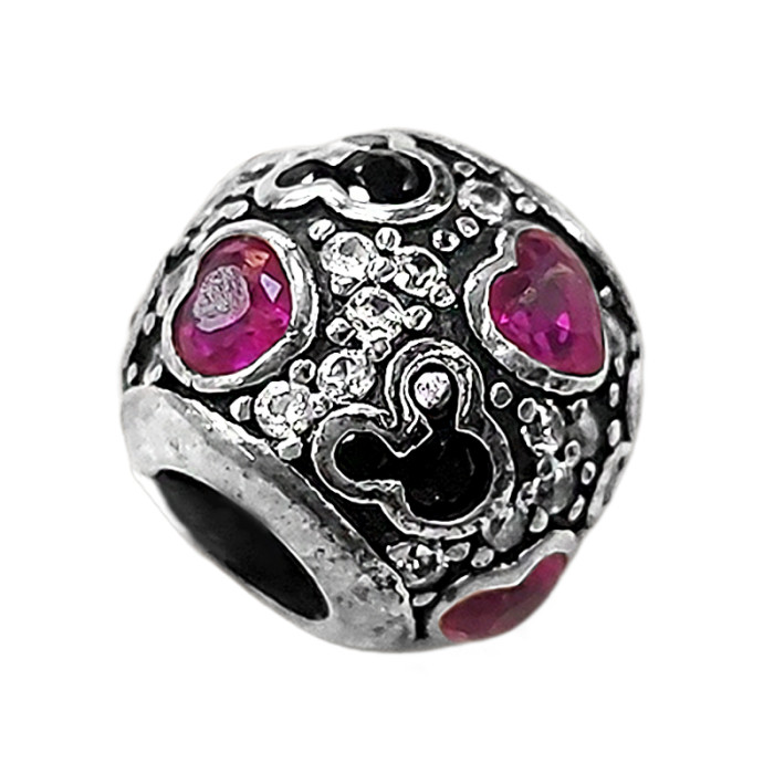 Srebrna zawieszka 925 do bransoletki beads z różowymi cyrkoniami serduszka i myszką Mickey Srebrna zawieszka 925 do bransoletki beads z różowymi cyrkoniami serduszka i myszką Mickey