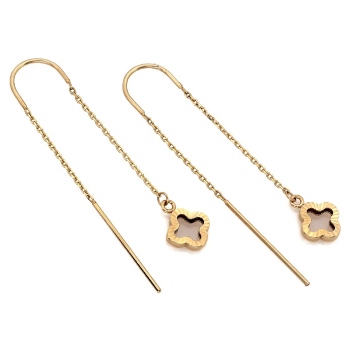 Eleganckie długie złote kolczyki 585 damskie przeciągane z błyszczącym kwiatkiem 14k Eleganckie długie złote kolczyki 585 damskie przeciągane z błyszczącym kwiatkiem 14k