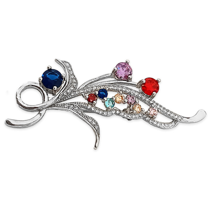 Srebrna broszka 925 elegancki wzór z kolorowymi cyrkoniami na prezent Srebrna broszka 925 elegancki wzór z kolorowymi cyrkoniami na prezent