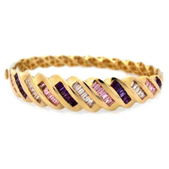 Złota sztywna bransoletka 585 szeroka bangle z kolorowymi cyrkoniami Złota sztywna bransoletka 585 szeroka bangle z kolorowymi cyrkoniami