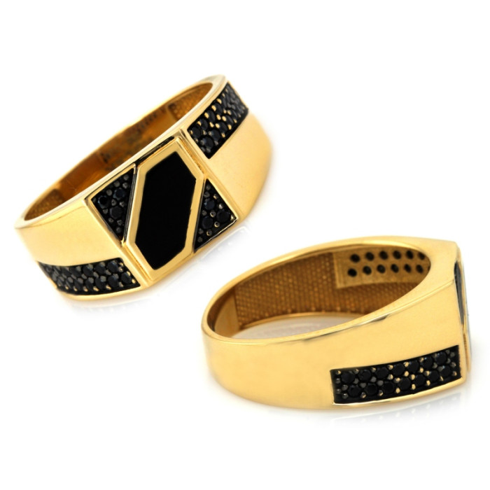 Elegancki złoty sygnet 585 z subtelnymi czarnymi cyrkoniami 14k Elegancki złoty sygnet 585 z subtelnymi czarnymi cyrkoniami 14k