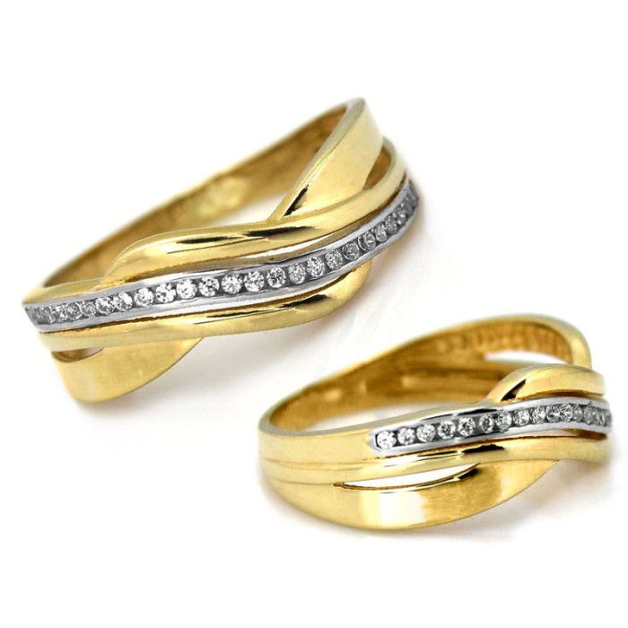 Dwukolorowy złoty pierścionek 585 z lśniącymi cyrkoniami 18mm 14k