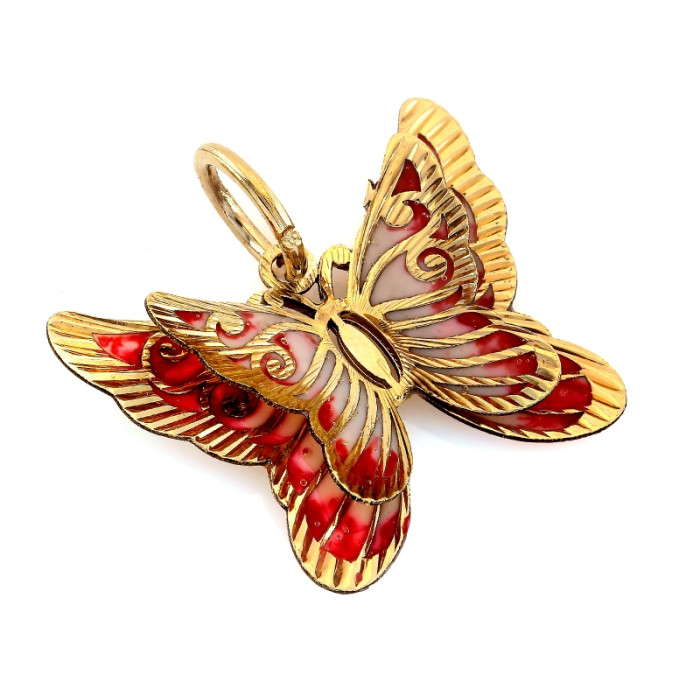 Urocza złota zawieszka 585 motyl z kolorową emalią 14k