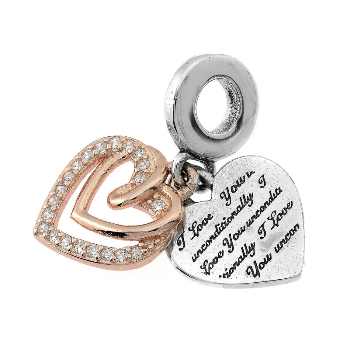 Srebrny charms do bransoletki 925 z wiszącymi sercami i cyrkoniami Srebrny charms do bransoletki 925 z wiszącymi sercami i cyrkoniami