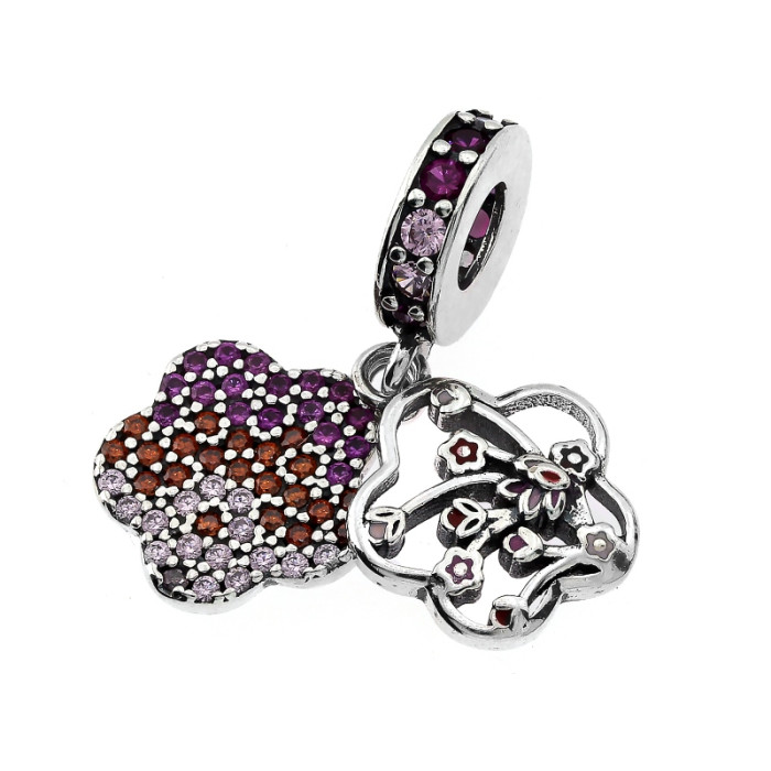 Zawieszka srebrna 925 charms do bransoletki podwójny kwiatuszek z cyrkoniami Zawieszka srebrna 925 charms do bransoletki podwójny kwiatuszek z cyrkoniami
