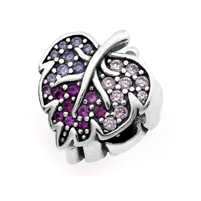 Ozdobny srebrny charms 925 z czerwonymi cyrkoniami w kształcie liścia Ozdobny srebrny charms 925 z czerwonymi cyrkoniami w kształcie liścia