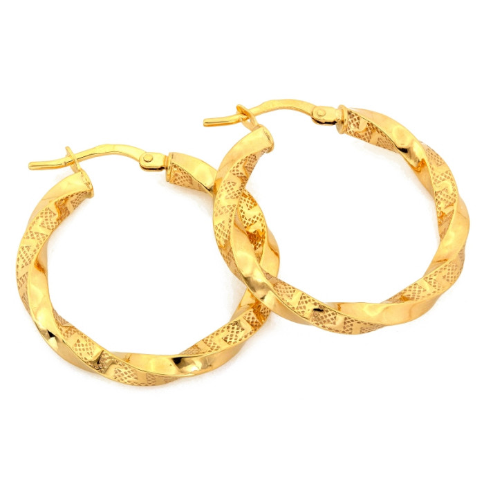 Modne złote kolczyki 585 skręcone koła średnica 27mm, żółte złoto 14k Modne złote kolczyki 585 skręcone koła średnica 27mm, żółte złoto 14k