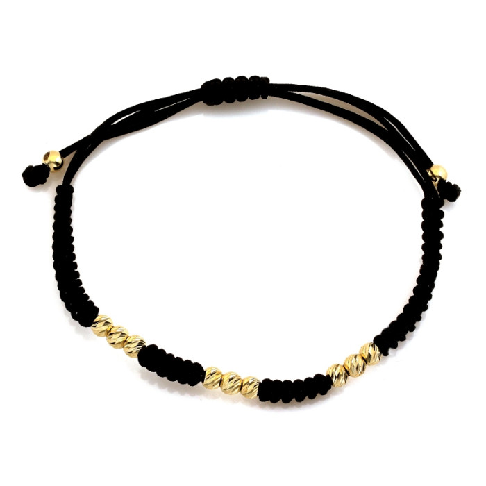 Złota bransoletka 585 z diamentowanymi kulkami na czarnym sznurku 14k Złota bransoletka 585 z diamentowanymi kulkami na czarnym sznurku 14k