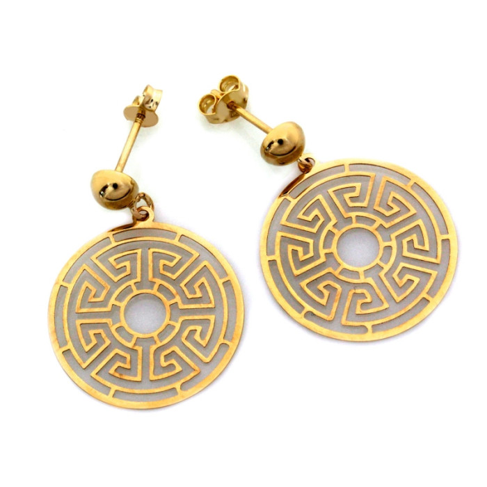 Złote kolczyki 585 wiszące okrągłe z greckim wzorem na wkrętach eleganckie 14k Złote kolczyki 585 wiszące okrągłe z greckim wzorem na wkrętach eleganckie 14k
