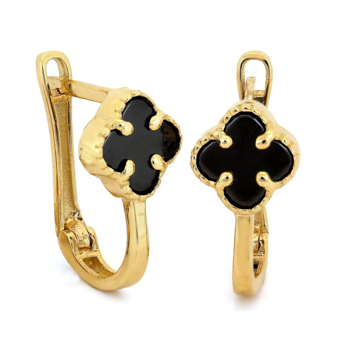 Złote kolczyki 585 z czarnym kwiatkiem na angielskim zapięciu eleganckie 14k