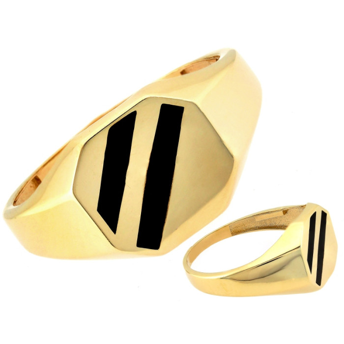 Złoty pierścionek 585 sygnet męski z czarną emalią nowoczesny design 14k Złoty pierścionek 585 sygnet męski z czarną emalią nowoczesny design 14k