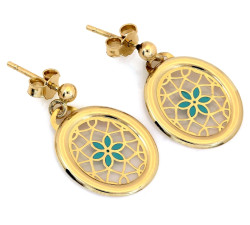 Wiszące złote kolczyki 585 owalne z emaliowanym kwiatkiem ażurowe eleganckie 14k