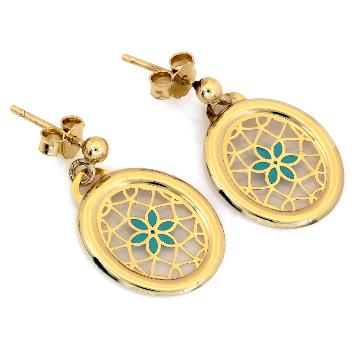 Wiszące złote kolczyki 585 owalne z emaliowanym kwiatkiem ażurowe eleganckie 14k Wiszące złote kolczyki 585 owalne z emaliowanym kwiatkiem ażurowe eleganckie 14k