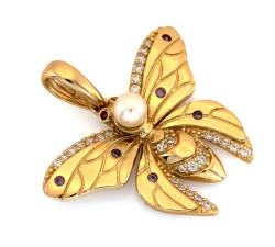 Romantyczna złota zawieszka 585 motyl z perłą i błyszczącymi cyrkoniami 14k