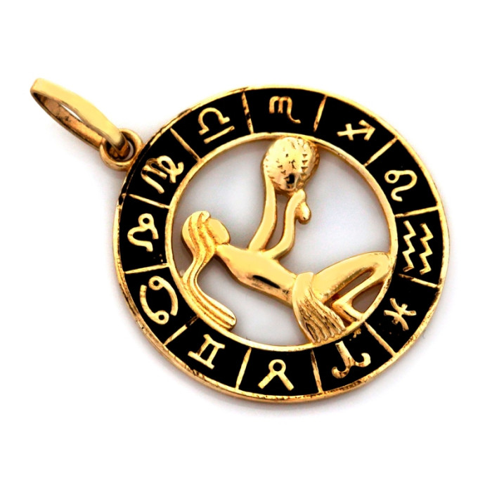 Nowoczesna złota zawieszka 585 znak zodiaku Panna z czarną emalią 14k Nowoczesna złota zawieszka 585 znak zodiaku Panna z czarną emalią 14k