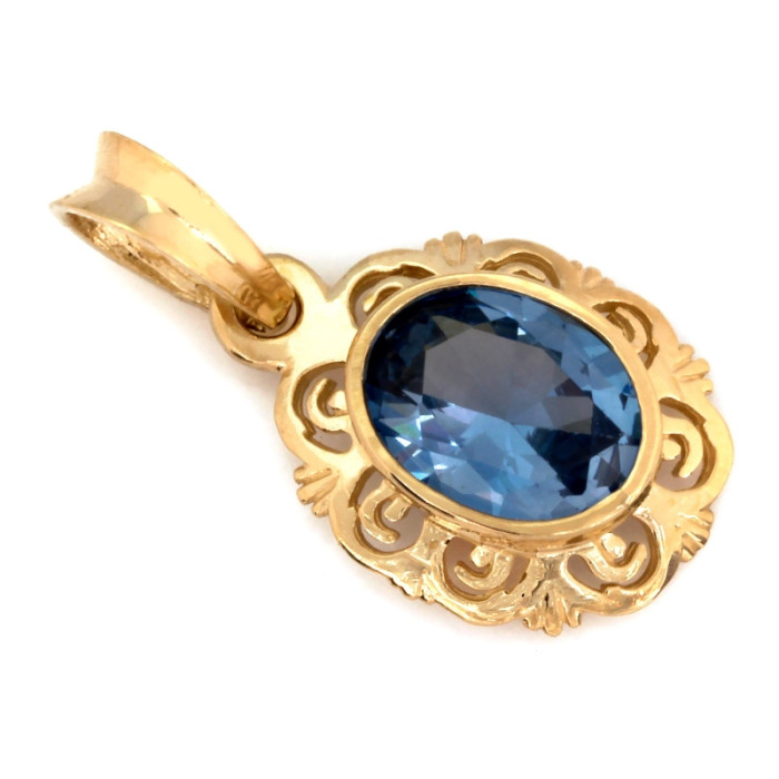 Elegancka złota zawieszka 585 owalna z niebieskim topazem żółta 14k Elegancka złota zawieszka 585 owalna z niebieskim topazem żółta 14k