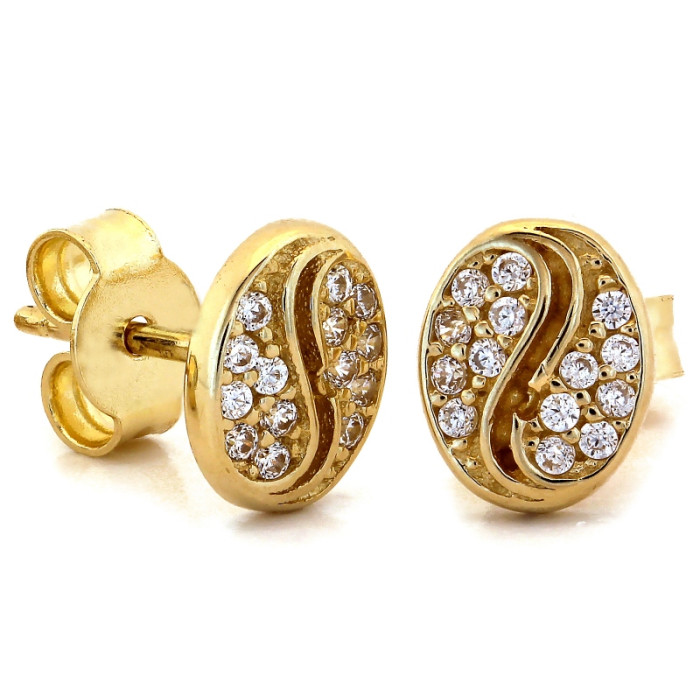 Eleganckie złote kolczyki 585 owalne z błyszczącymi cyrkoniami - 14k Eleganckie złote kolczyki 585 owalne z błyszczącymi cyrkoniami - 14k