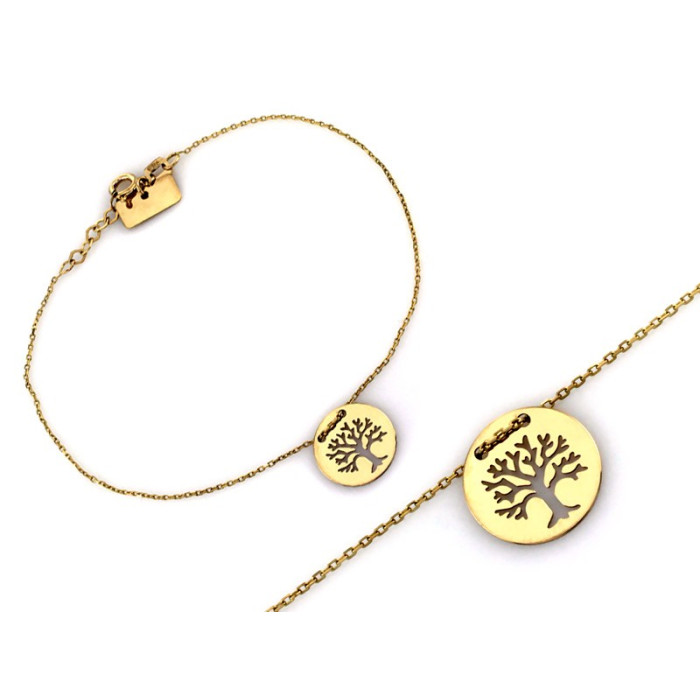 Modna złota bransoletka 585 celebrytka z drzewkiem szczęścia 19cm 14k Modna złota bransoletka 585 celebrytka z drzewkiem szczęścia 19cm 14k