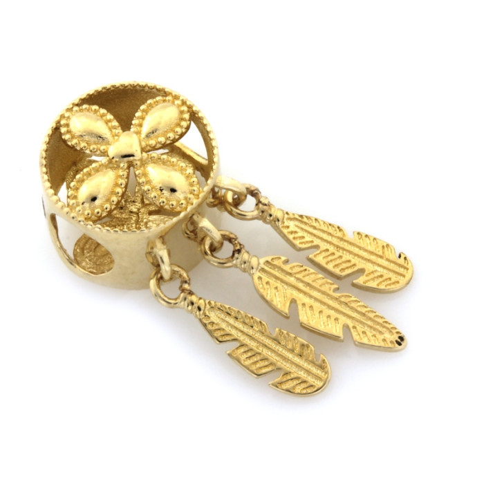 Złota zawieszka charms 585 łapacz snów z motywem piórka do bransoletki 14k Złota zawieszka charms 585 łapacz snów z motywem piórka do bransoletki 14k