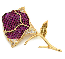 Złota broszka 585 róża z czerwonymi cyrkoniami elegancki design 14k