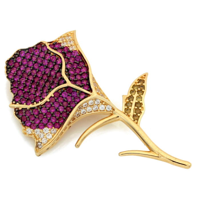 Złota broszka 585 róża z czerwonymi cyrkoniami elegancki design 14k Złota broszka 585 róża z czerwonymi cyrkoniami elegancki design 14k