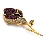 Złota broszka 585 róża z czerwonymi cyrkoniami elegancki design 14k