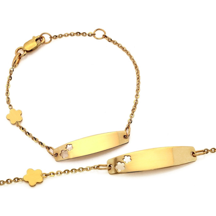 Złota bransoletka 585 dziecięca z blaszką pod grawer motyw kwiatowy 14cm 14k Złota bransoletka 585 dziecięca z blaszką pod grawer motyw kwiatowy 14cm 14k