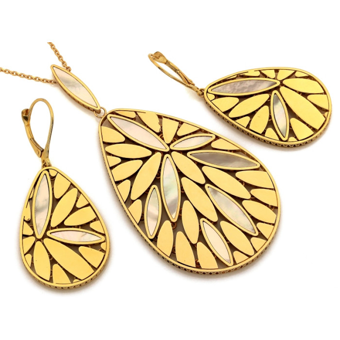 Elegancki złoty komplet 585 z perłową masą - długi naszyjnik i kolczyki biżuteria 14k Elegancki złoty komplet 585 z perłową masą - długi naszyjnik i kolczyki biżuteria 14k
