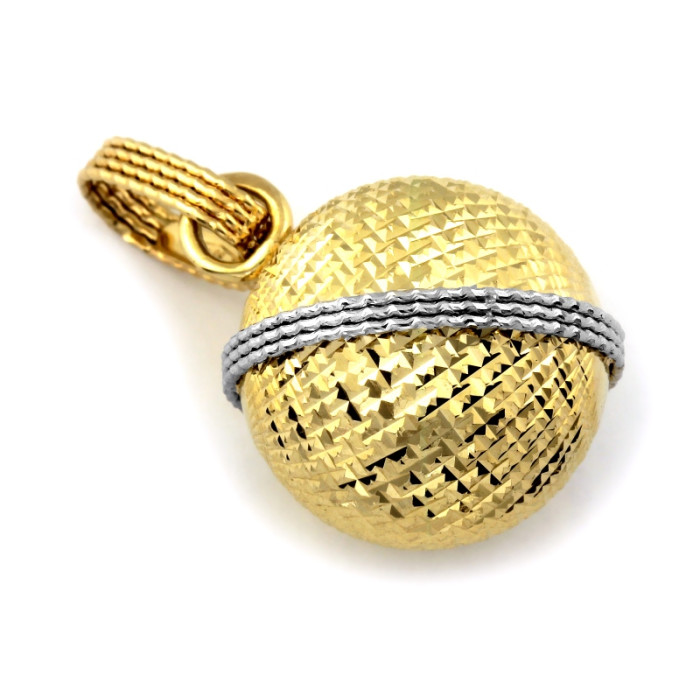 Elegancka dwukolorowa złota zawieszka 585 ażurowa w kształcie dekoracyjnej kuli 14k Elegancka dwukolorowa złota zawieszka 585 ażurowa w kształcie dekoracyjnej kuli 14k