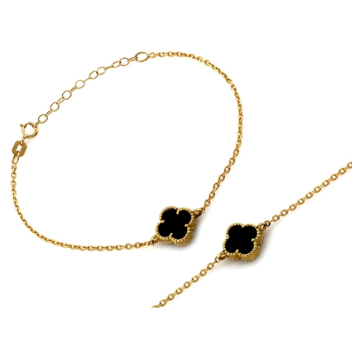 Elegancka złota bransoletka 585 łańcuszkowa z czarnym kwiatkiem 20cm 14k Elegancka złota bransoletka 585 łańcuszkowa z czarnym kwiatkiem 20cm 14k