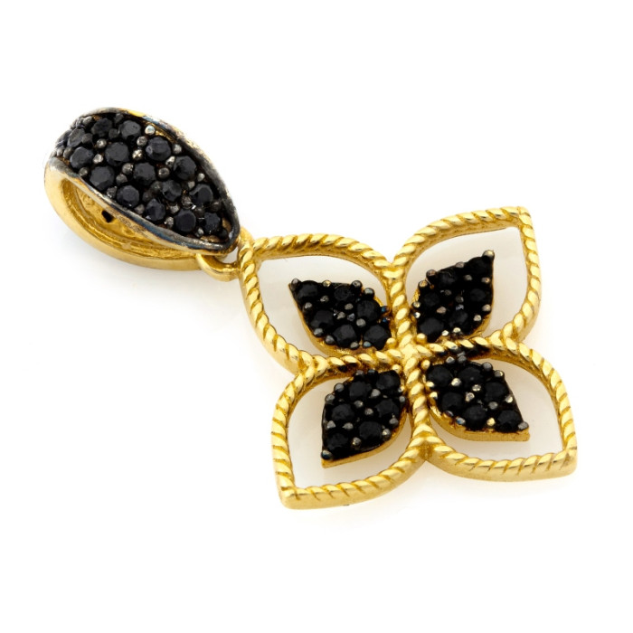 Ozdobna złota zawieszka 585 kwiat z czarnymi cyrkoniami elegancka 14k Ozdobna złota zawieszka 585 kwiat z czarnymi cyrkoniami elegancka 14k