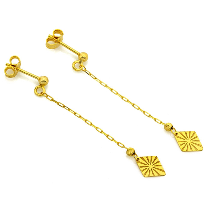 Eleganckie złote kolczyki 585 wiszące długie z wyrafinowanymi małymi rombami 14k Eleganckie złote kolczyki 585 wiszące długie z wyrafinowanymi małymi rombami 14k